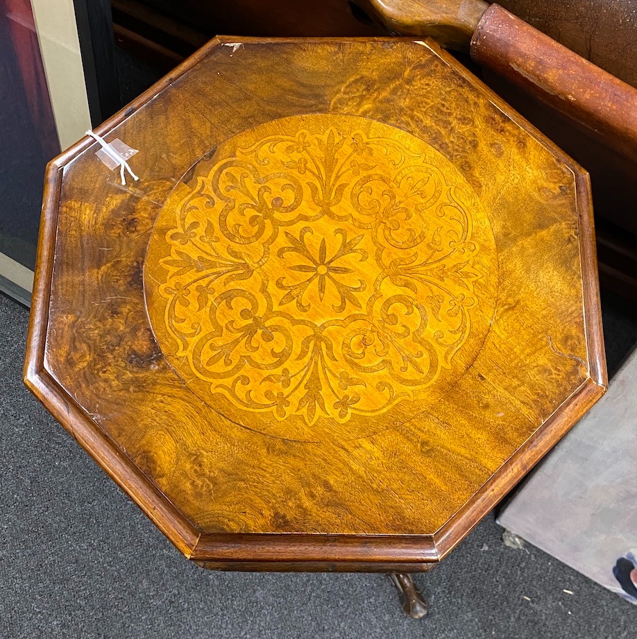 A Victorian inlaid walnut octagonal trumpet work table, width 40cm, height 72cm